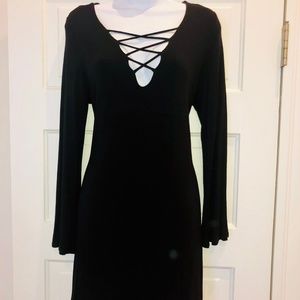 Black Long Sleeve Criss Cross V Neck Dress